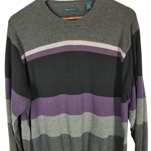 Perry Ellis Mens Sweater XL‎ Gray Black Purple Striped Long Sleeve Cotton Blend - Picture 8 of 11
